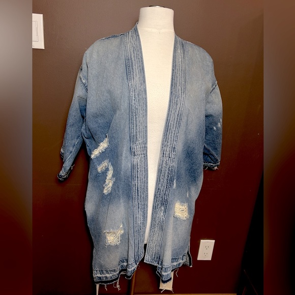 Sandrine Rose x Free People Distressed Open Front Denim Kimono Jacket size small - Picture 4 of 13